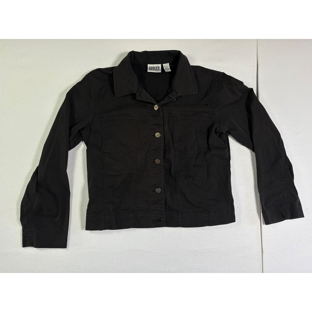 Chicos Design Womens Black Cotton Nylon Spandex Button Front Trucker Jacket Sz 1